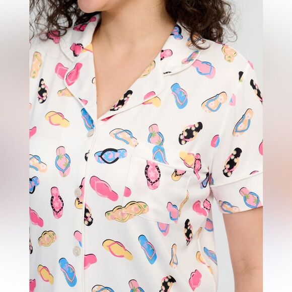 89th+MADISON L White Colorful Flip Flops Notch Collar Short Sleeve Pants PJ Set - Picture 5 of 14